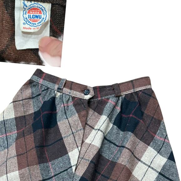 Vintage 70s Brown Plaid Check Wool Blend A-Line Midi Skirt / Women’s XS - - Picture 4 of 4